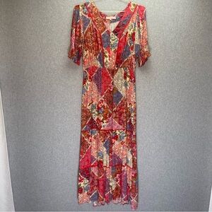 Une Ame Cottagecore Patchwork Floral V-Neck 1/4 Sleeve Maxi Dress